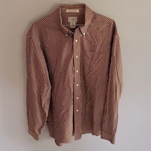 L. L. Bean Men's Button Down Plaid Shirt Brown and White Wrinkle Resistant L-reg